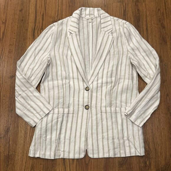 Garnet Hill Striped Linen Blazer Womens Medium Tan White Coastal Lightweight - Picture 1 of 7